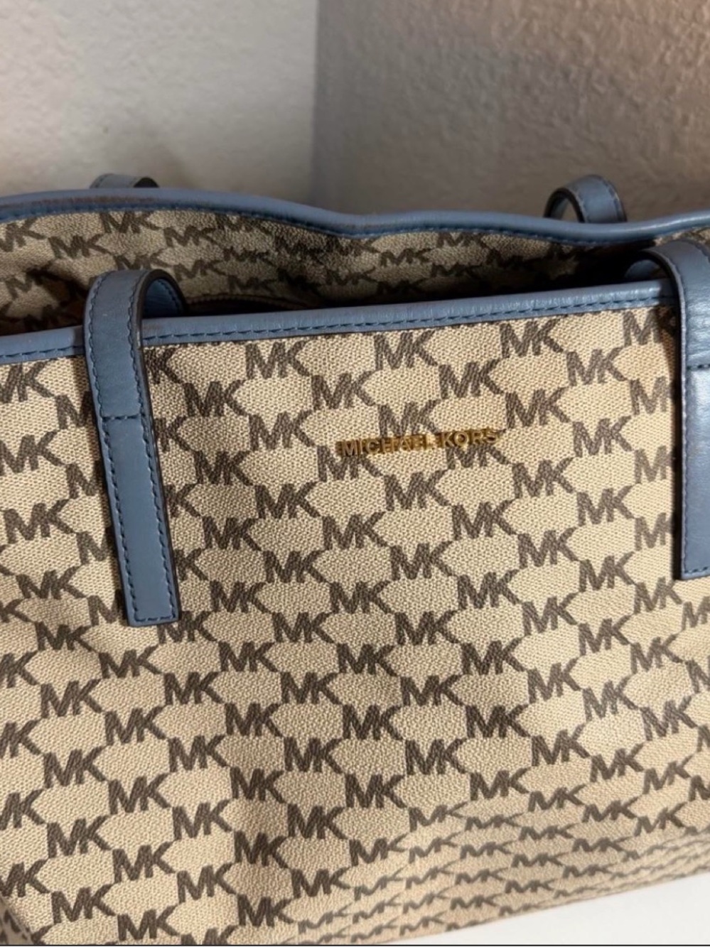 Michael Kors Beige Monogram Tote with Blue Trim